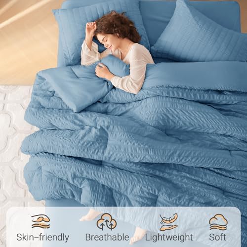 MUXHOMO 7 Pieces California King Comforter Set, Seersucker Bed in a Bag Cal King Size, All Season Luxury Bedding Set with Comforter, Flat Sheet, Fitted Sheet, Pillowcases & Shams, Mineral Blue