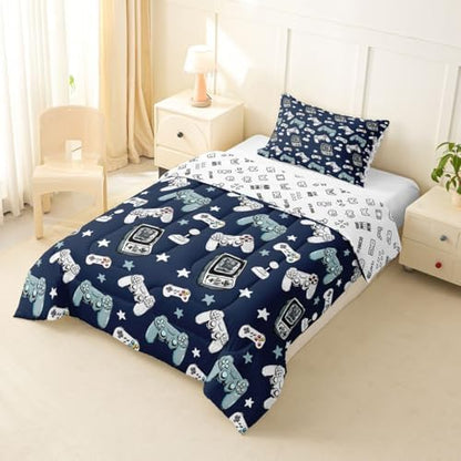 Castle Fairy Gamepad Twin Size Comforter Set for All Seasons,Video Gaming Blue Bedding Set Teens Bedroom Decor,Kids Games Consoles Comforter Inner Fill with 1 Pillowcase