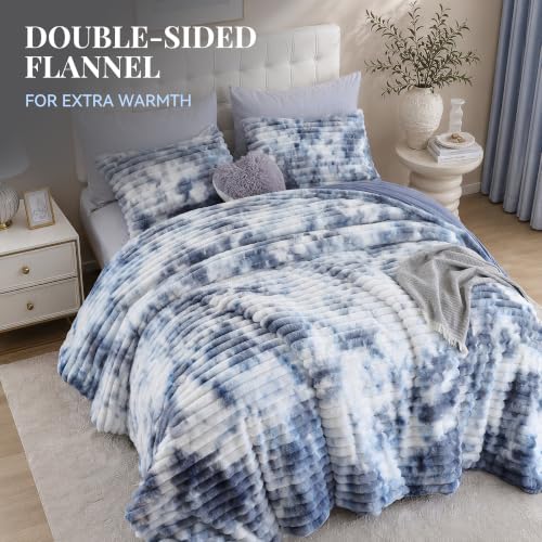 Smoofy Fluffy Twin Size Comforter 2 PCS - Tie Dye Blue Fleece Bedding Set