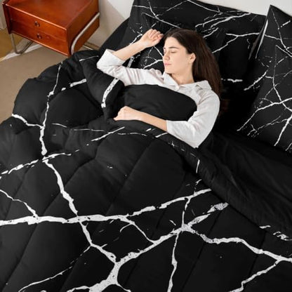 Erosebridal Black Marble King Bedding Set 7 Piece White Texture Bed in A Bag with Sheets Ink Painting Stone Pattern Comforter Set for Kids Adults,Retro Watercolor Artwork Bed Sets