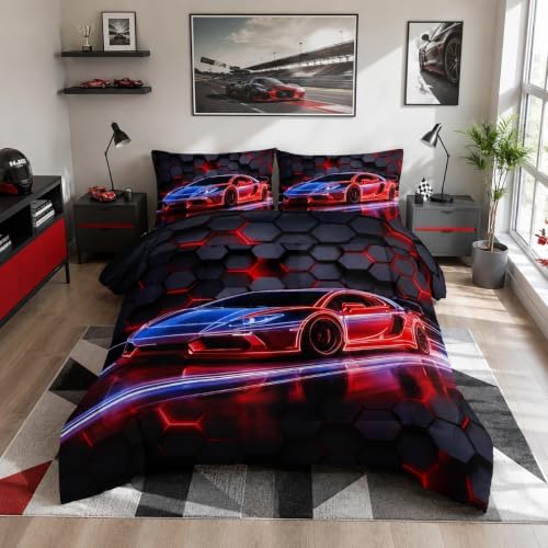 HOSIMA Honeycomb Geometric Race Car Twin Comforter with 2 Pillowcases.