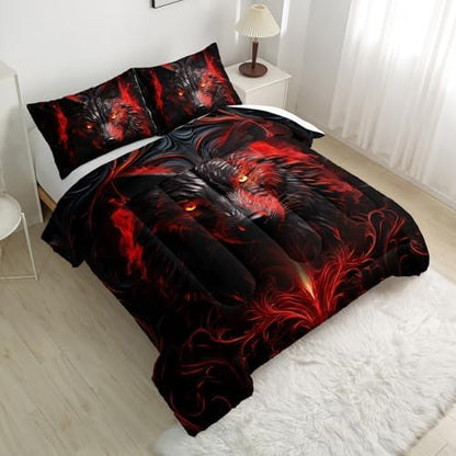 Nttopship Wolf Printed Bedding Set, Wolf Comforter Set Queen Size,Boys Bedding Set 100% Soft Ultra-fine Fiber Four Season Red Flame Comforter Set with 1 Comforter and 2 Pillow Case