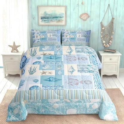 Ocean Shell Conch Comforter Set Full Size,Geometric Stripes Plaid Quilt Set Vintage Sketch Coral Fish Bedding Set 3Pcs for Kids Girls Boys Adult Room Decor,Sea Blue Duvet Insert,2 Pillowcases