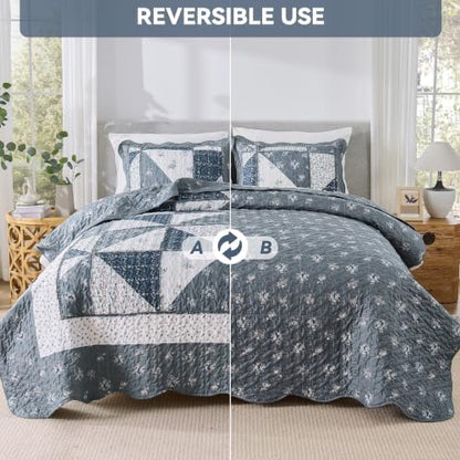 Oversized King Size Quilt Set 128x120 Grey Floral Patchwork Bedspreads Set