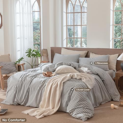 MooMee Striped Duvet Cover Set 100% Washed Cotton Linen Like Twin