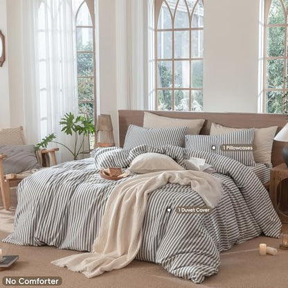 MooMee Striped Duvet Cover Set 100% Washed Cotton Linen Like Twin