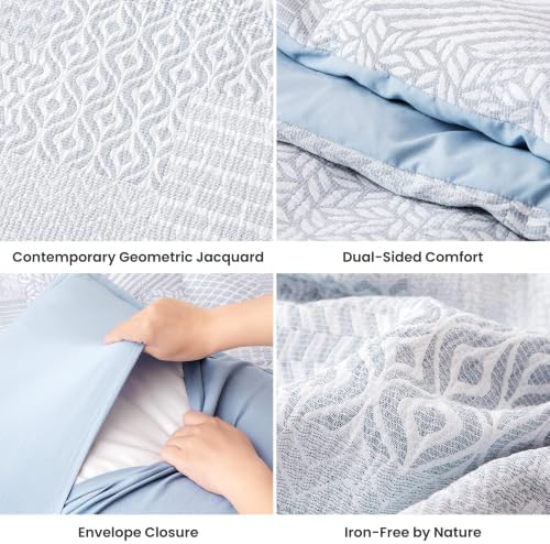 SLEEP ZONE Comforters Full Set, Modern Plaid Bedding Set Blue 3 Pcs