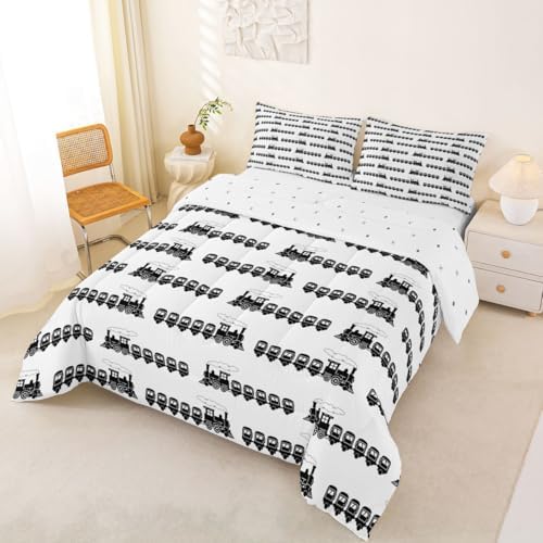 Feelyou Train Comforter Set King Size Retro Steam Locomotive Down Bedding Set for Kids Boys Girls Vintage Transportation Vehicles Duvet Quilt Bedroom Decor Microfiber 3 Pcs with 2 Pillow Cases