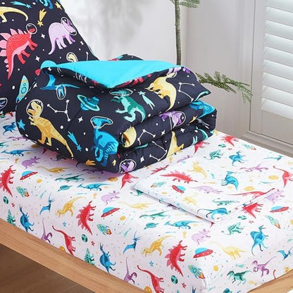 lasoftan Toddler Bedding Set, Toddler Bed Comforter Sets for Girls, Toddler Bed Set, Space Dinosaur Printed