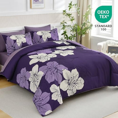 Luxudecor Dark Purple Comforter Set King Size, 7 Pieces Floral Bed in a Bag
