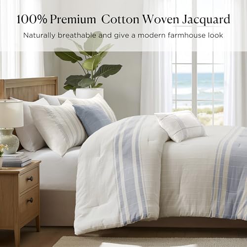 Harbor House Cal King Comforter Set, Stripes Clipped Jacquard, Cotton Oversized Comforter for a Cal King-Size Bed, Farmhouse Bedding, 2 Shams, Bedskirt, 2 Décor Pillows, Morgan, Cal King White/Blue