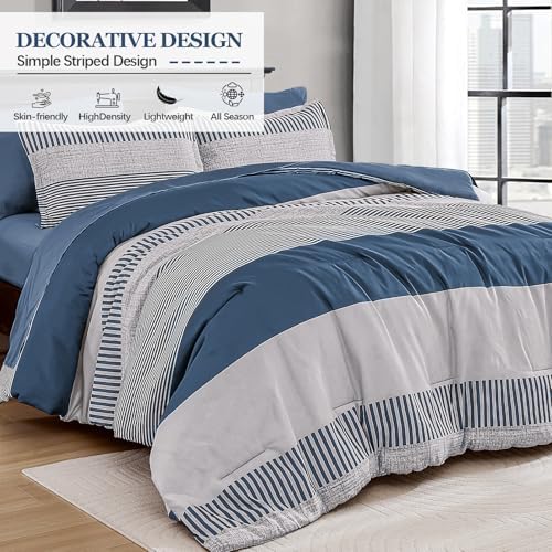 Cottolester Queen Comforter Set,Mineral Blue Striped Design Comforter Set