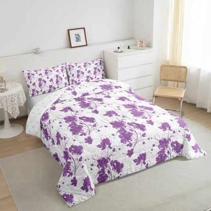 jejeloiu Purple Flower Comforter Set Twin Size Kids Floral Bedding Set for Boys Girls Teens Botanical Duvet Breathable Minimalist Aesthetics Quilt Bedroom Decor,1 Comforter with 1 Pillowcase