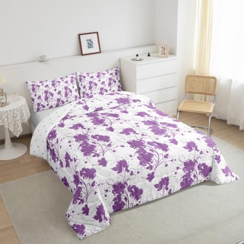 jejeloiu Purple Flower Comforter Set Toddler Size Kids Floral Bedding Set for Boys Girls Teens Botanical Duvet Breathable Minimalist Aesthetics Quilt Bedroom Decor,1 Comforter with 1 Pillowcase