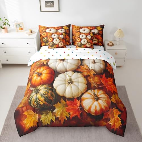 Erosebridal Fall Harvest Theme Queen Comforter Set 7 Piece for Kids Boys Girls Adults Fall Pumpkin Bed in A Bag with Sheets Maple Leaf Print Bedding Set Retro Rustic Bed Set Room Decor