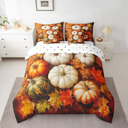 Erosebridal Fall Harvest Theme Queen Comforter Set 7 Piece for Kids Boys Girls Adults Fall Pumpkin Bed in A Bag with Sheets Maple Leaf Print Bedding Set Retro Rustic Bed Set Room Decor
