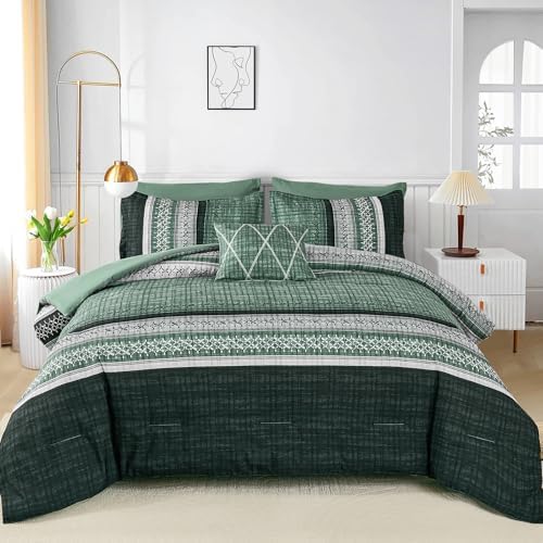 Dintszyayue Green Comforter Set King Size, 8 Pieces Boho Striped Bed in a Bag Soft Microfiber Bedding Set for All Season