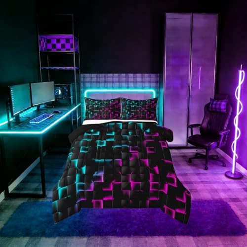 Erosebridal Geometric Checkered Comforter Set Full Neon Teal Purple Bedding Set for Kids Boys Teen Men Gamer Room Decor,Abstract Ombre Plaid Comforter Grids Quilt Duvet Black