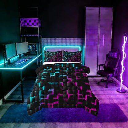 Erosebridal Geometric Checkered Comforter Set Full Neon Teal Purple Bedding Set for Kids Boys Teen Men Gamer Room Decor,Abstract Ombre Plaid Comforter Grids Quilt Duvet Black