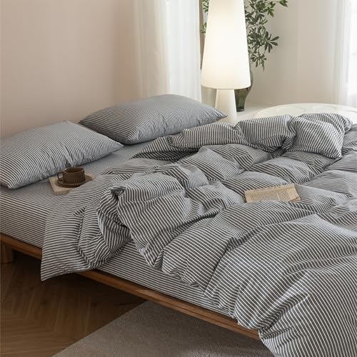 JIYUAN Super King Washed Cotton Duvet Cover Set, Linen-Like Pinstripe