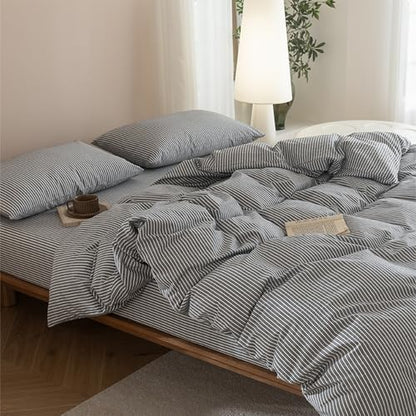 JIYUAN Super King Washed Cotton Duvet Cover Set, Linen-Like Pinstripe