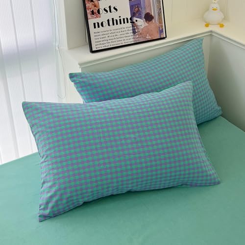 LifeTB Green Gingham Comforter Set Full Modern Style Green Purple Plaid Comforter Set Fluffy Soft Farmhouse Gingham Bedding Comforter 3 Pieces Grid Checkered Pattern Comforter with 2 Pillowcases