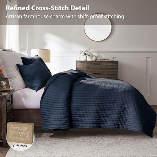 WDCOZY Navy Blue Cross Stitch Queen Size Quilt Set, Striped Lightweight Soft Bedspread, Channel Farmhouse Rustic Coverlet, All Season Country Bedding, Thin Comforter