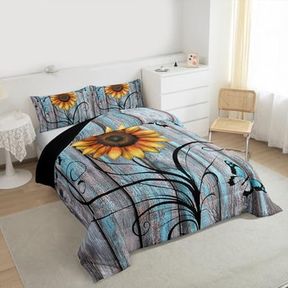 Yellow Sunflower Comforter Set King,Butterfly Bedding Set Rustic Farmhouse Wooden Board Down Comforter for Kids Girls Teens Women,Country Retro Floral Quilt Duvet Sets 2 Pillow Cases Blue Grey