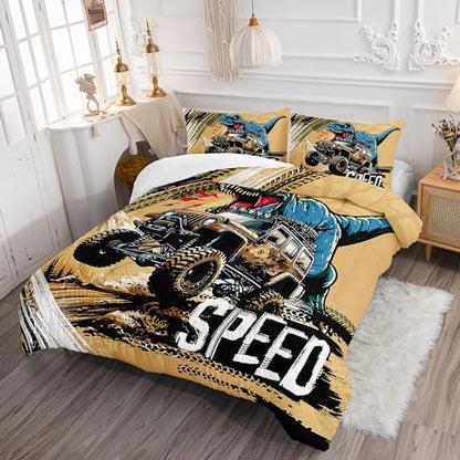 AILONEN Cartoon Monster Trucks Comforter Set Queen Size, Roaring Dinosaurs Bedding Set for Kids Boys,Extreme Sports Trucks Bed in a Bag,3 Pieces,1 Quilt and 2 Pillowcases