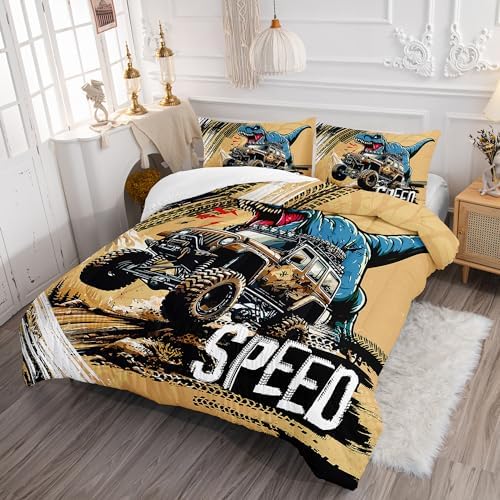 AILONEN Cartoon Monster Trucks Comforter Set Twin Size, Roaring Dinosaurs Bedding Set for Kids Boys,Extreme Sports Trucks Bed in a Bag,3 Pieces,1 Quilt and 2 Pillowcases