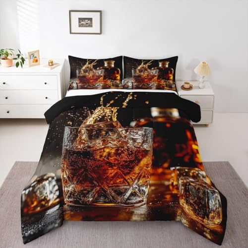 Whisky Drinks Kids Comforter Set King Size,Whiskey Malt Liquor Drinking Bedding Set,Girls Boys Room Decor,Bar Beer Glass Quilt Comforter,Western Fashion Duvet Insert,2 Pillowcases