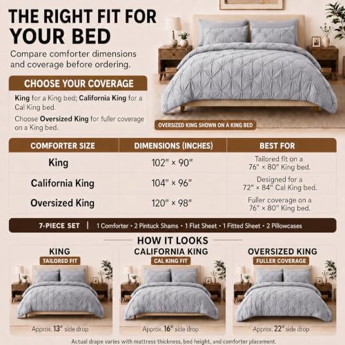 HIMEET King Size Comforter Set Light Grey - 7 Pieces Pintuck Bed in a Bag