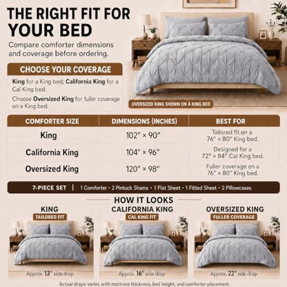 HIMEET King Size Comforter Set Light Grey - 7 Pieces Pintuck Bed in a Bag