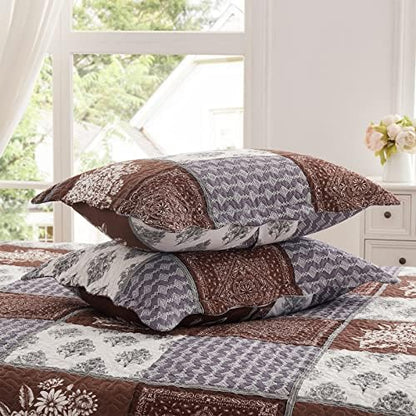 LEAONME 3 Pieces California King Size Quilt Set Brown Oversized 120x120 Inch Bedspread Coverlet Lightweight Microfiber Patchwork Bed Cover for All Seasons (1 Quilt, 2 Pillow Shams)