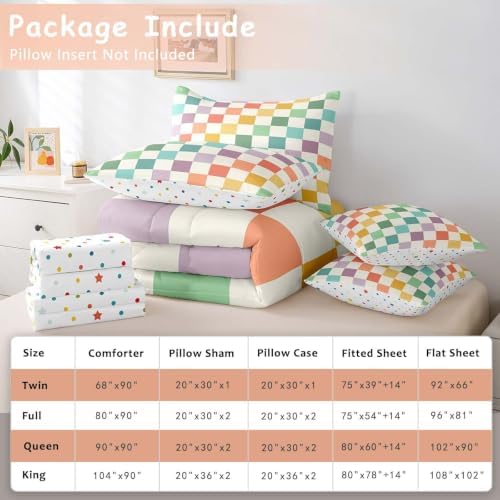 Feelyou Multicolored Checkered Retro 7 Piece Bedding Set Kids Boys Geometric Vintage Comforter Set with Sheets Queen Size Green Yellow Colorful Bed in a Bag Modern Simple Groovy Aesthetic Room Decor