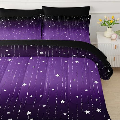 QOOMO Purple Galaxy 7 Pieces Comforter Set Twin,Starry Sky Bedding Set
