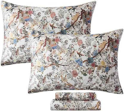 FADFAY Sheets Set Twin Botanical Bird Floral Bed Sheets Set Vintage Mocha Mousse Farmhouse Bedding Shabby Branches Bedding 100% Egyptian Cotton Breathable Soft 17.7" Deep Pocket 4Pcs, Twin Size