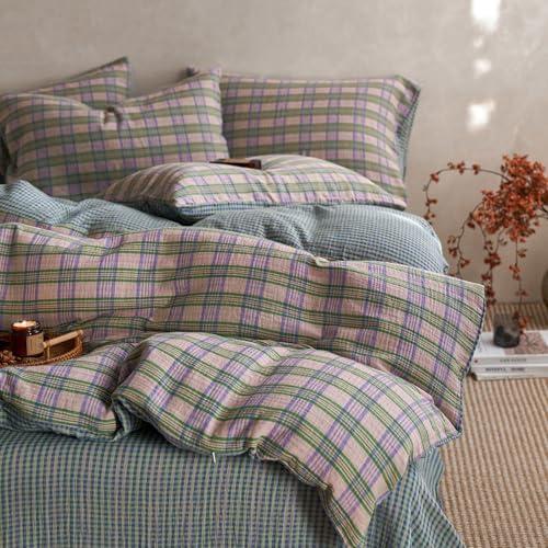 Vintage Buffalo Plaid Gingham Duvet Cover King 100% Cotton Muslin Duvet Cover Retro Green&Pink&Purple Plaid Checkered Comforter Cover with 2 Pillowcases Breathable Gauze Grid Gingham Bedding Set
