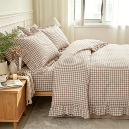 Nayoroom Brown Ruffle Gingham Comforter Set Queen Plaid Checkered Bedding