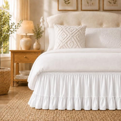 White Pieced Ruffle Bed Skirt Queen 18" Drop, Elastic Bedskirt