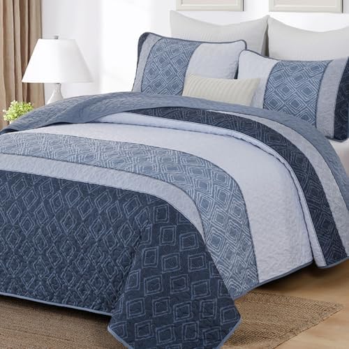 Cottolester Full Size Quilt,3 Pcs Mineral Blue Striped Plaid Bedspread