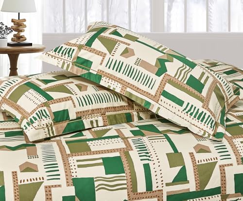 SLEEPBELLA Comforter King Size, 600 Thread Count Cotton White Printed with Green & Brown Geometric Comforter Set, Down Alternative Bedding Set 3Pcs(King, Green Geometric)