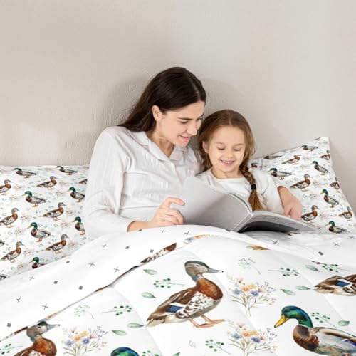 jejeloiu Mallard Duck Comforter Set Twin Size Hunting and Fishing Bedding Set for Kids Boys Girls Wild Animal Duvet Quilt Bedroom Decor Microfiber 2 Pcs with 1 Pillow Cases