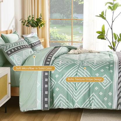 Yiran Comforter Set Queen Size, 7 Pieces Boho Aztec Bed in a Bag, Green Southwestern Bedding Sets for All Seasons, Lightweight Comforter Bed Set with Sheets, Pillowcases & Shams