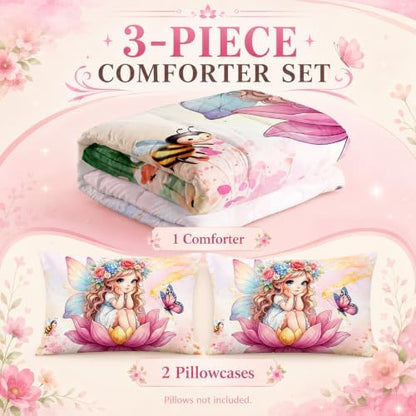 AILONEN Twin Beautiful Fairy Girls Comforter Set,Cute Girls Bedding Set for Kids Teen,Tie Dye Flower Butterfly Pink Comforter Set 3 Piece,1 Comforter with 2 Pillowcases