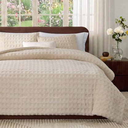 Teddy Waffle Texture Plush Fleece Comforter Set Queen Size, Creamy Beige