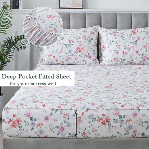 FADFAY King Sheets Set Percale Cotton Floral Bed Sheets Deep Pocket Fitted Sheet, Luxury Morning Glories Floral Printed Shabby Bedding for All Season, Super Soft Crisp & Breathe,4pcs