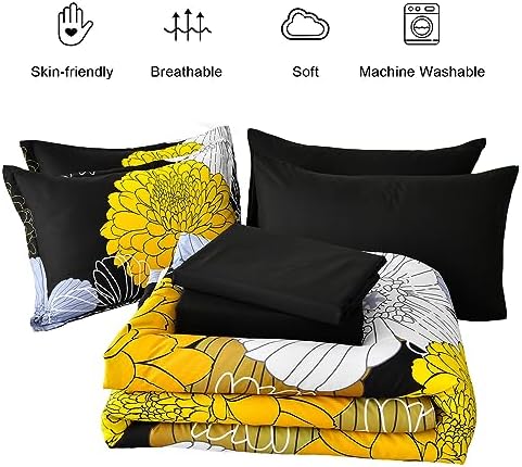 7 Pieces King Yellow Black Comforter Set Bed in a Bag Floral Bedding Set Soft Microfiber Boho Comforter (1 Comforter 1 Flat Sheet 1 Fitted Sheet 2 Pillowshams 2 Pillowcases)