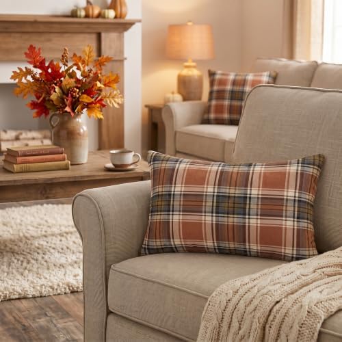 AVOIN colorlife Fall Caramel Brown Plaid Decorative Throw Pillow Covers, 12 x 20 Inch Holiday Scottish Tartan Cushion Case Farmhouse Decoration for Sofa Couch Set of 2