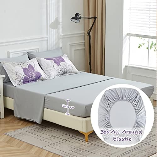 Luxudecor Floral California King Size Comforter Set, 7 Pieces Purple Floral Bed in a Bag Comforter and Sheet Set, Soft Microfiber Cal King Complete Bedding Sets for All Seasons 104"×96"
